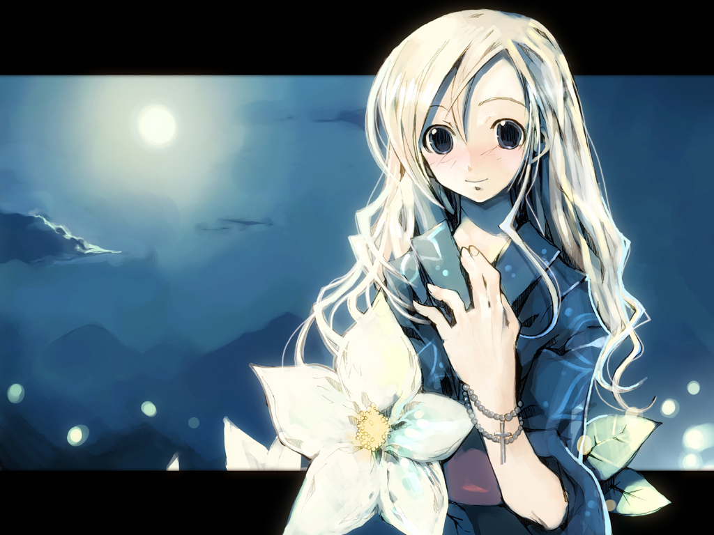 kei (keigarou), toudou shimako, maria-sama ga miteru, 00s, 1girl, bug, cross, eyebrows hidden by hair, female focus, fireflies, firefly, flower, hair between eyes, insect, japanese clothes, kimono, latin cross, solo, yukata