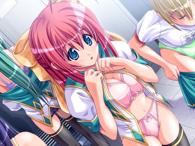 akaza, minami konoha, henshin!, black legwear, game cg, 4girls, :o, ahoge, back, bent over, blonde hair, blue bra, blue eyes, blue hair, blue panties, blush, bow, bow bra, bow panties, bra, breasts, cleavage, closed eyes, clothes pull, dutch angle, embarrassed, from behind, green hair, gym uniform, hair bow, indoors, lace, lace-trimmed panties, lace trim, large breasts, lingerie, locker, locker room, multiple girls, no panties, off shoulder, open clothes, open mouth, open shirt, panties, pink bra, pink hair, pink panties, purple bra, purple panties, school uniform, serafuku, shirt, shirt pull, short hair, skirt, skirt pull, standing, thighhighs, underwear, undressing, yellow bra