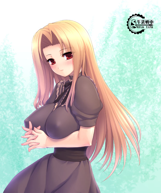 gunner-l, fleta, mabinogi, 1girl, aged up, blonde hair, breast lift, breasts, female focus, huge breasts, impossible clothes, impossible shirt, long hair, red eyes, shirt, solo