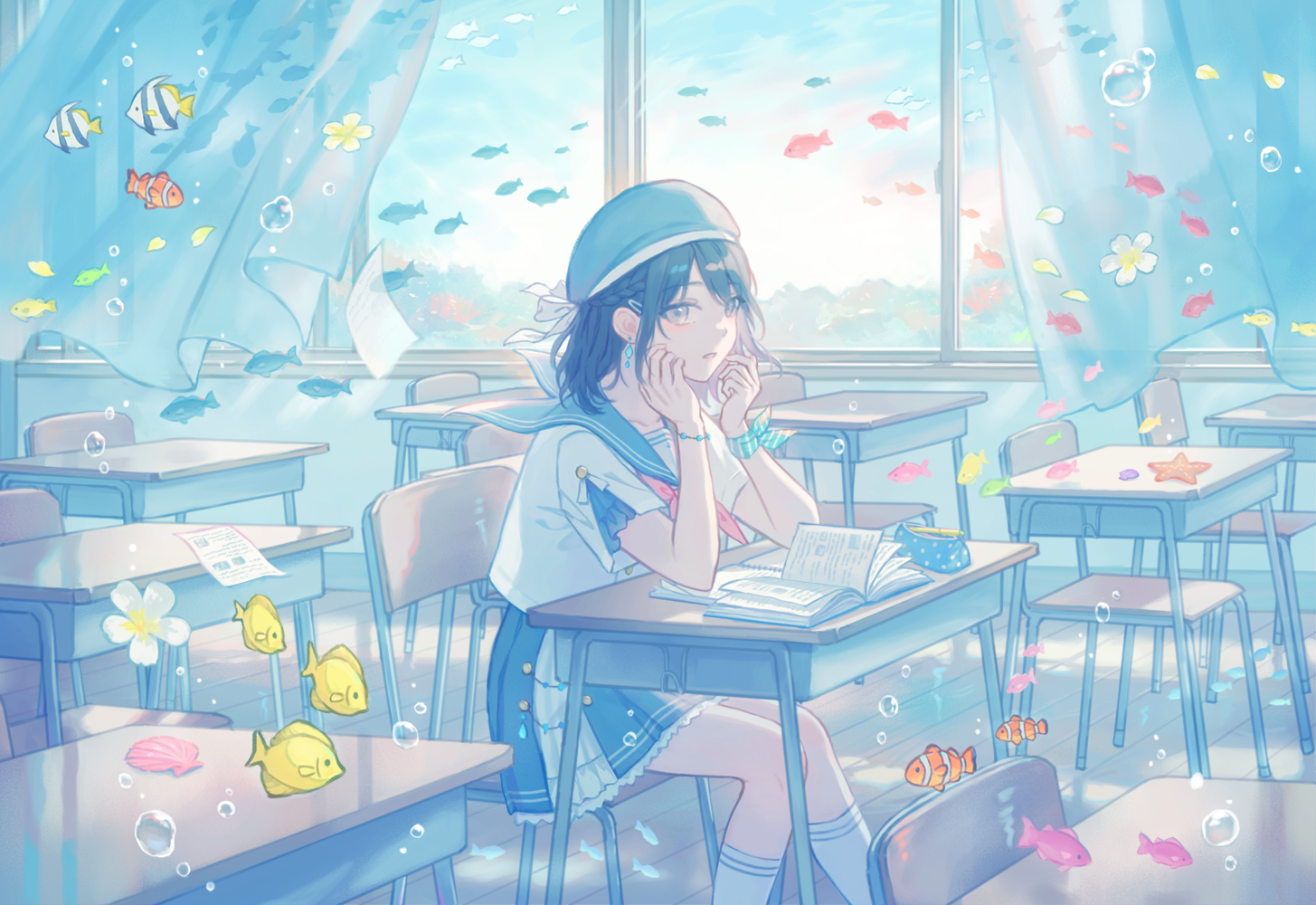 original, commentary, 1girl, air bubble, animal, aqua hat, aqua sailor collar, aqua skirt, black hair, blue theme, book, bubble, chair, classroom, curtains, day, desk, earrings, elbow rest, feet out of frame, fish, floating paper, flower, from side, goldfish, hands up, hat, indoors, jewelry, kneehighs, looking at viewer, medium hair, neckerchief, notebook, on chair, open book, parted bangs, parted lips, pencil case, pink neckerchief, sailor collar, school chair, school desk, school uniform, serafuku, shirt, short sleeves, sideways glance, sitting, skirt, socks, solo, starfish, surreal, too many, too many fish, underwater, user fnsv4887, white flower, white shirt, white socks, window