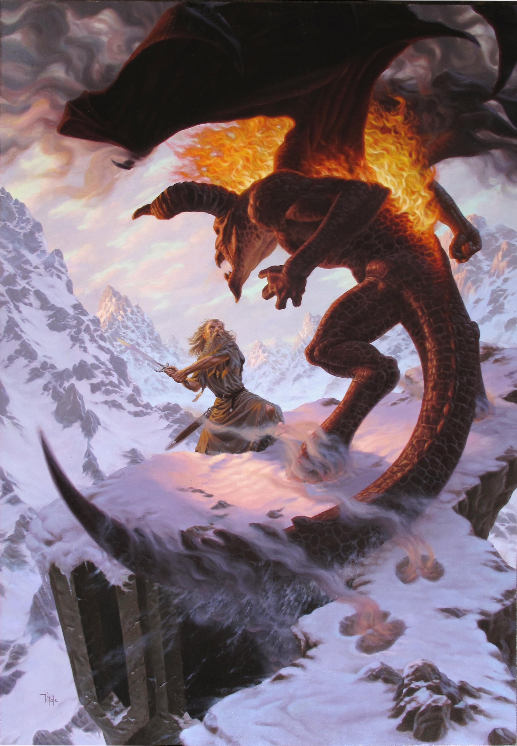 balrog (lord of the rings), gandalf, the lord of the rings, tolkien's legendarium, absurdres, highres, beard, clenched hand, colored skin, demon, demon horns, demon tail, demon wings, facial hair, fighting stance, fire, from behind, full beard, grey beard, grey hair, holding, holding sword, holding weapon, hooves, horns, long tail, mountain, mountainous horizon, old, old man, open mouth, red scales, red skin, scabbard, scales, sheath, snow, spiked tail, steam, sword, tail, weapon, wings, wizard