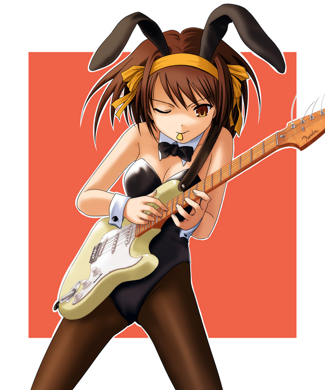 40010prototype, suzumiya haruhi, suzumiya haruhi no yuuutsu, 00s, 1girl, animal ears, bow, bowtie, brown hair, fake animal ears, female focus, guitar, guitar tapping, hairband, instrument, leotard, mouth hold, one eye closed, pantyhose, playboy bunny, rabbit ears, solo, wink
