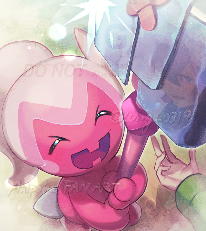 wing (wing 0319), dot (pokemon), tinkatuff, nintendo, pokemon, pokemon (anime), pokemon horizons, commentary request, 1girl, :d, closed eyes, day, green jacket, hammer, holding, holding hammer, jacket, long sleeves, open mouth, outdoors, pokemon (creature), reflection, signature, smile, standing, twitter username, watermark