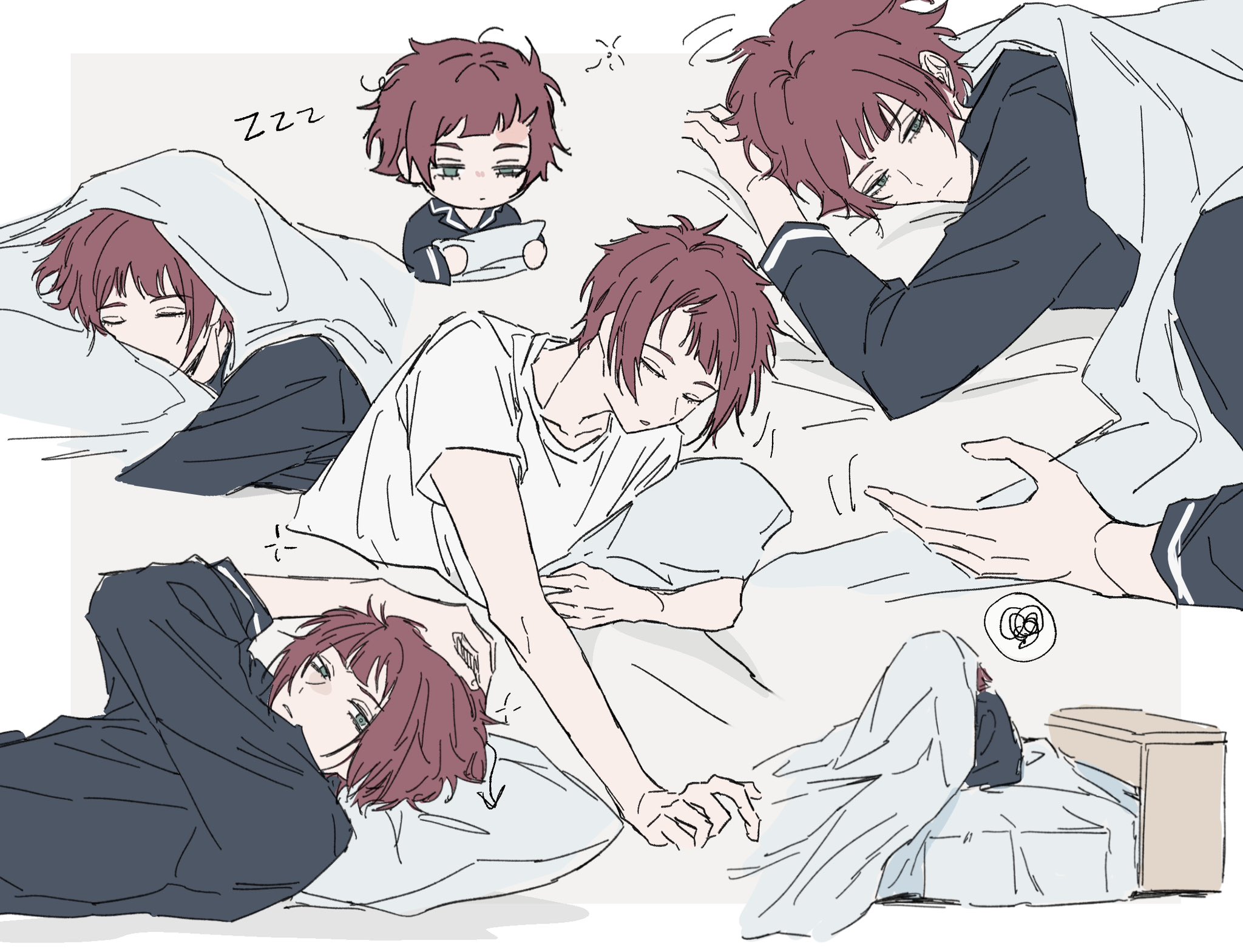 mmuurrii1010, itoshi sae, blue lock, commentary, highres, symbol-only commentary, 1boy, 1other, arm up, bed, black shirt, blunt bangs, closed eyes, holding, long sleeves, lower eyelashes only, lying, messy hair, multiple views, on stomach, shirt, short sleeves, sleepy, speech bubble, spoken squiggle, squeans, squiggle, t-shirt, under covers, white shirt, zzz