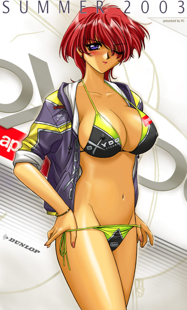 r1, moto gp, original, 00s, 1girl, 2003, bikini, blue eyes, breasts, female focus, huge breasts, jacket, one eye closed, race queen, red hair, short hair, side-tie bikini bottom, sleeves rolled up, smile, solo, swimsuit