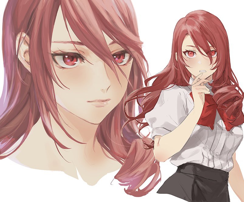 isa (peien516), kirijou mitsuru, persona, persona 3, persona 3 reload, 1girl, blush, bow, bowtie, gekkoukan high school uniform, hair over one eye, long hair, red bow, red eyes, red hair, school uniform, solo