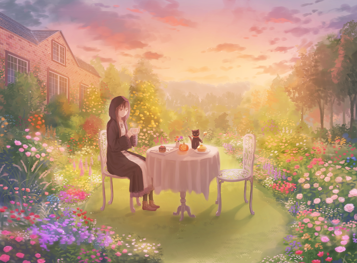 original, commentary, 1girl, black cat, black robe, black socks, brown shoes, building, cat, chair, closed mouth, cloud, cup, dress, evening, food, from side, full body, garden, gradient sky, grass, holding, holding cup, hooded robe, house, jack-o'-lantern, long sleeves, medium hair, neck ribbon, on chair, outdoors, plate, red eyes, red ribbon, ribbon, robe, shoes, sitting, sky, slice of life, smile, socks, solo, table, tablecloth, teacup, too many flowers, tree, user fnsv4887, white dress, wide sleeves