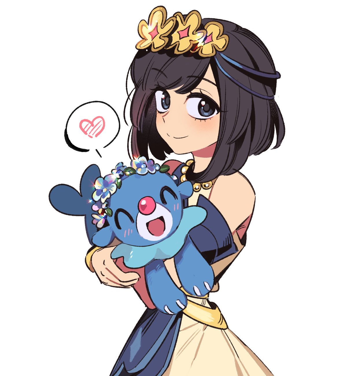 1brad, popplio, selene (champion) (pokemon), selene (pokemon), nintendo, pokemon, pokemon masters ex, commentary request, highres, korean commentary, 1girl, bare shoulders, bead necklace, beads, black hair, closed mouth, dress, eyelashes, gen 7 pokemon, grey eyes, hair ornament, heart, holding, holding pokemon, jewelry, looking at viewer, medium hair, necklace, official alternate costume, pokemon (creature), simple background, smile, split mouth, spoken heart, white background