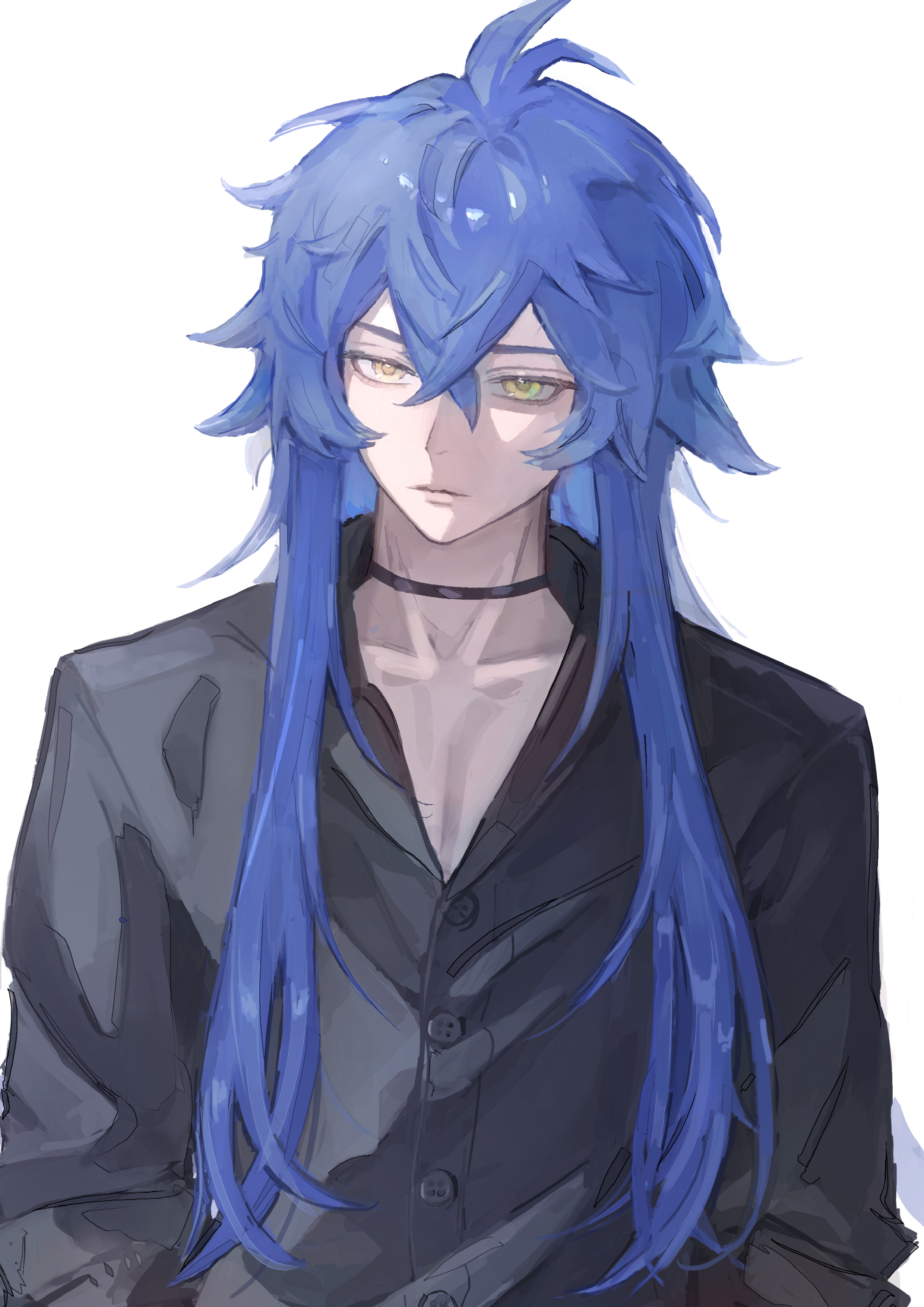malfuncio, flins (genshin impact), genshin impact, absurdres, commentary, highres, 1boy, black choker, black shirt, blue hair, buttons, choker, closed mouth, collarbone, crossed bangs, double-parted bangs, long hair, long sleeves, looking to the side, male focus, shirt, solo, very long hair, white background, yellow eyes