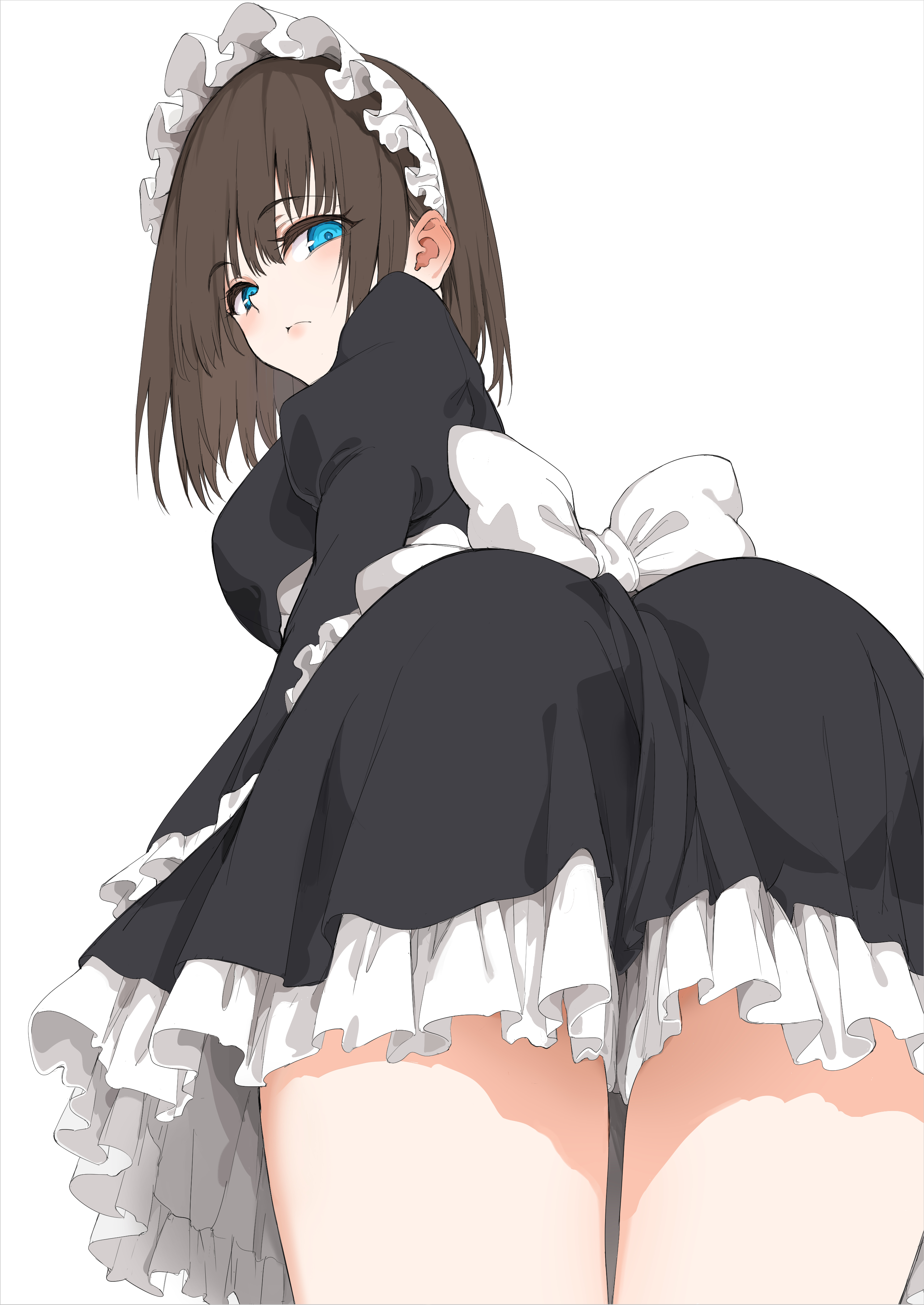 kyokucho, rurikawa tsubaki, original, absurdres, highres, 1girl, back bow, black dress, blue eyes, bow, brown hair, closed mouth, dress, frilled dress, frills, from behind, leaning forward, legs together, long sleeves, looking at viewer, looking back, maid, maid headdress, simple background, white background, white bow