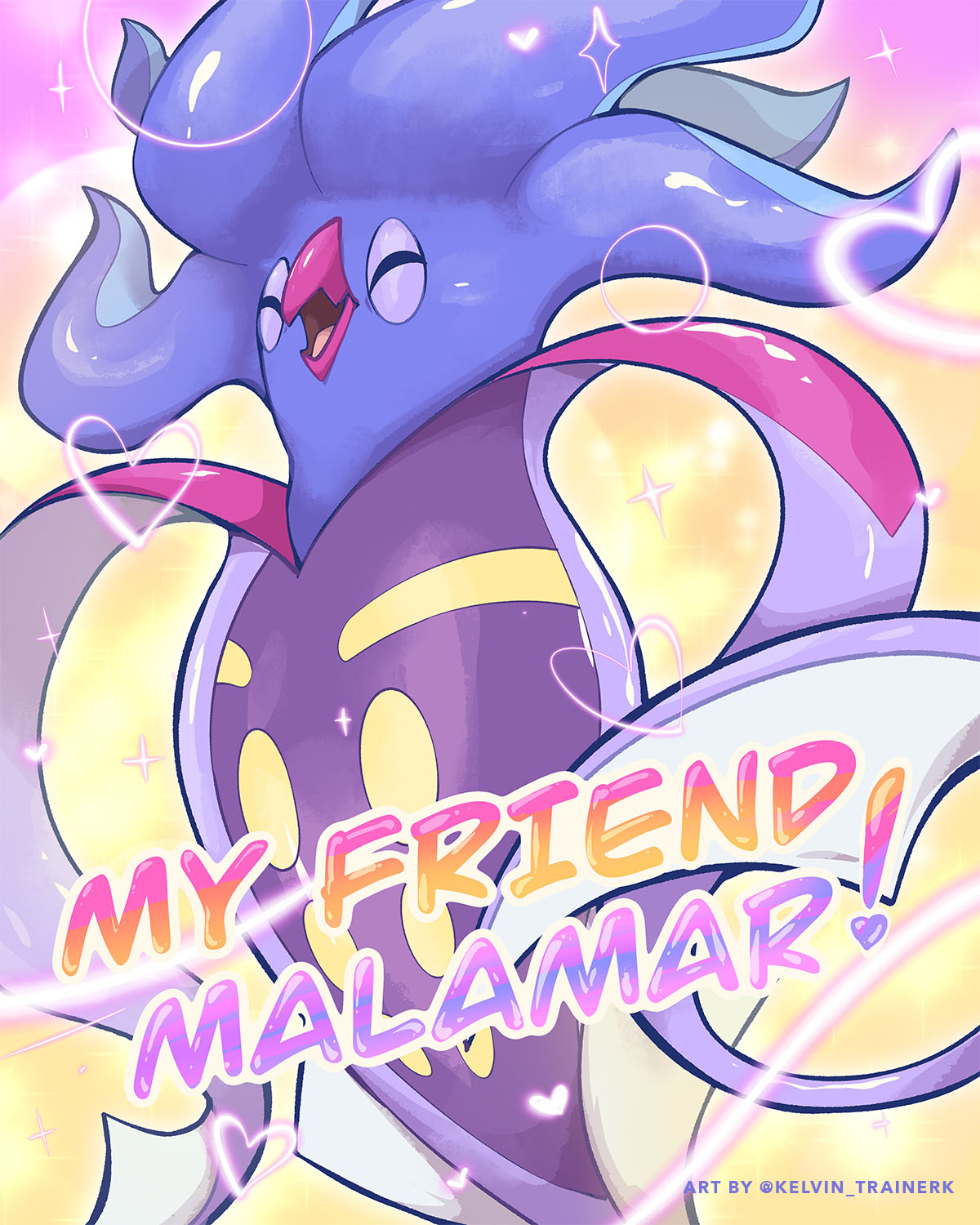 kelvin-trainerk, malamar, nintendo, pokemon, commentary, highres, closed eyes, english text, gen 6 pokemon, happy, heart, no humans, open mouth, pokemon (creature), pokemon focus, solo, sparkle, tongue, twitter username, watermark