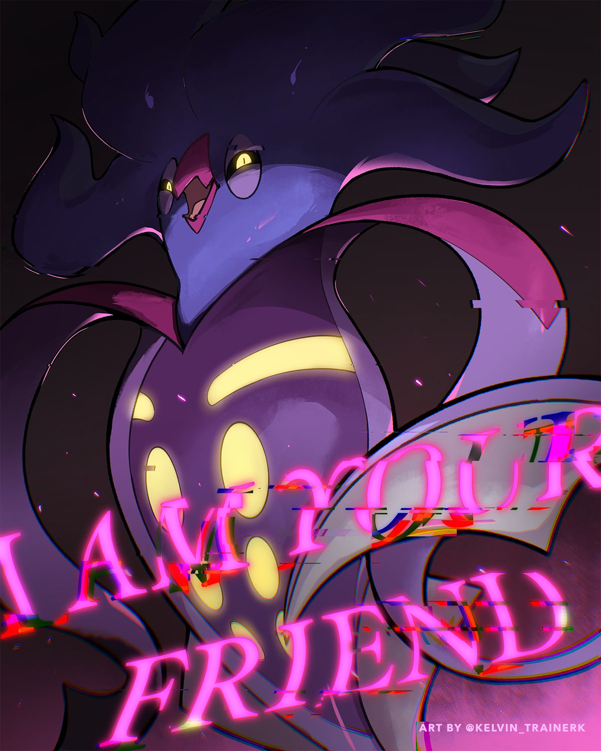 kelvin-trainerk, malamar, nintendo, pokemon, commentary, highres, gen 6 pokemon, glitch, glowing, glowing eyes, glowing markings, half-closed eyes, no humans, open mouth, pokemon (creature), pokemon focus, solo, tongue, twitter username, watermark, yellow eyes