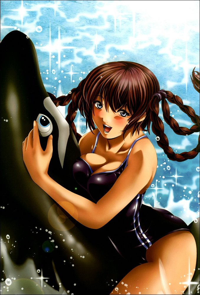 lei fang, dead or alive, tecmo, 1girl, blush, breasts, brown eyes, brown hair, cleavage, female focus, hair rings, inflatable toy, inflatable whale, large breasts, lens flare, one-piece swimsuit, riding, solo, sparkle, swimsuit, water