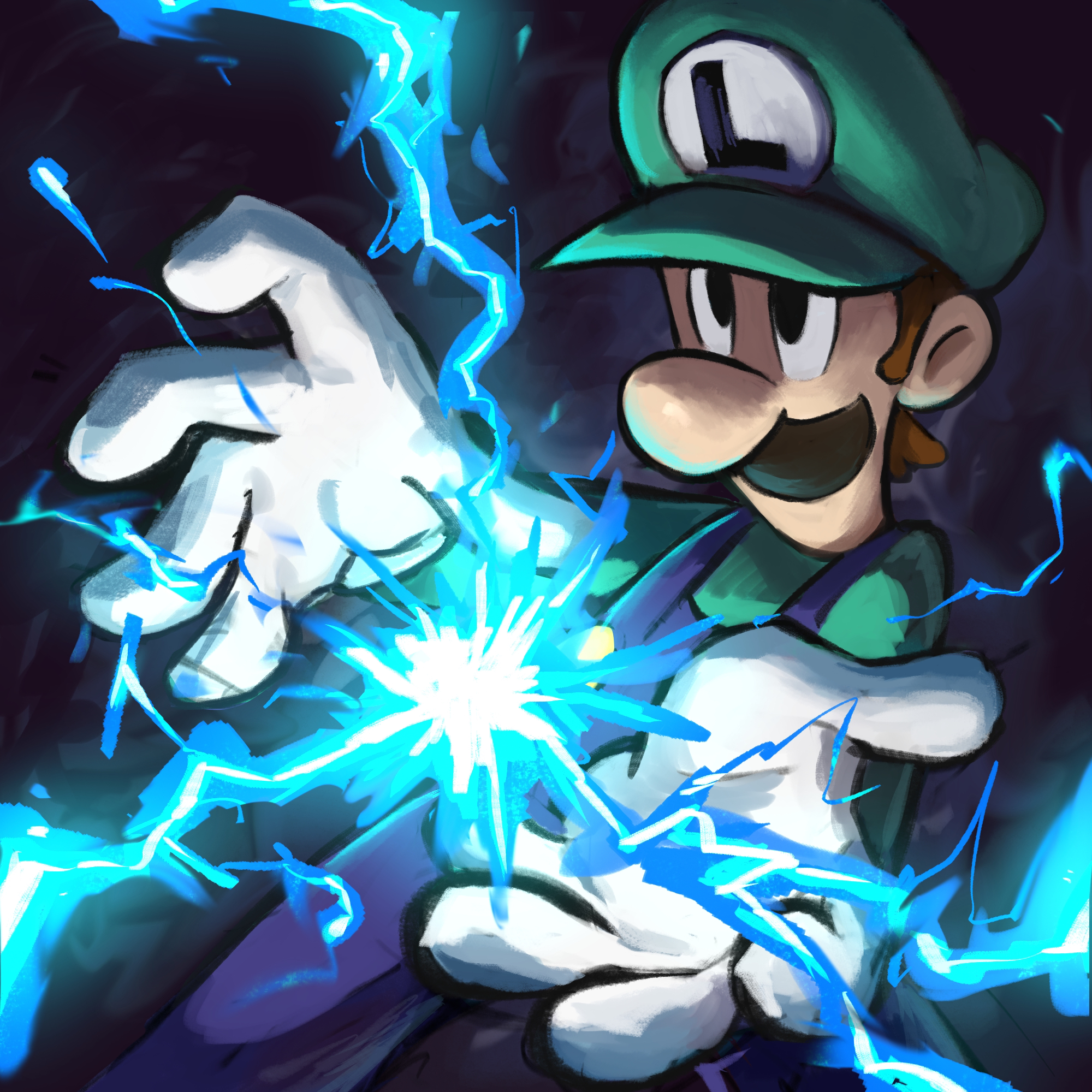 yamari (ya mari 6363), luigi, mario & luigi: superstar saga, mario & luigi rpg, mario (series), nintendo, highres, 1boy, big nose, blue overalls, brown hair, electricity, electrokinesis, facial hair, gloves, green hat, green shirt, hat, long sleeves, male focus, masanori sato (style), mustache, newsboy cap, official style, overalls, shirt, short hair, white gloves