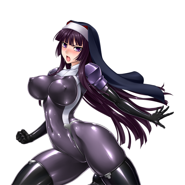 rindou (radical dream), kamori sayaka, original, game cg, non-web source, variant set, 1girl, black hair, black thighhighs, blush, bodysuit, boots, breasts, clenched hand, covered erect nipples, covered navel, elbow gloves, gloves, impossible bodysuit, impossible clothes, large breasts, latex, long hair, looking at viewer, matai toshi, nun, open mouth, purple bodysuit, purple eyes, purple hair, shiny clothes, skin tight, solo, thigh boots, thighhighs, transparent background