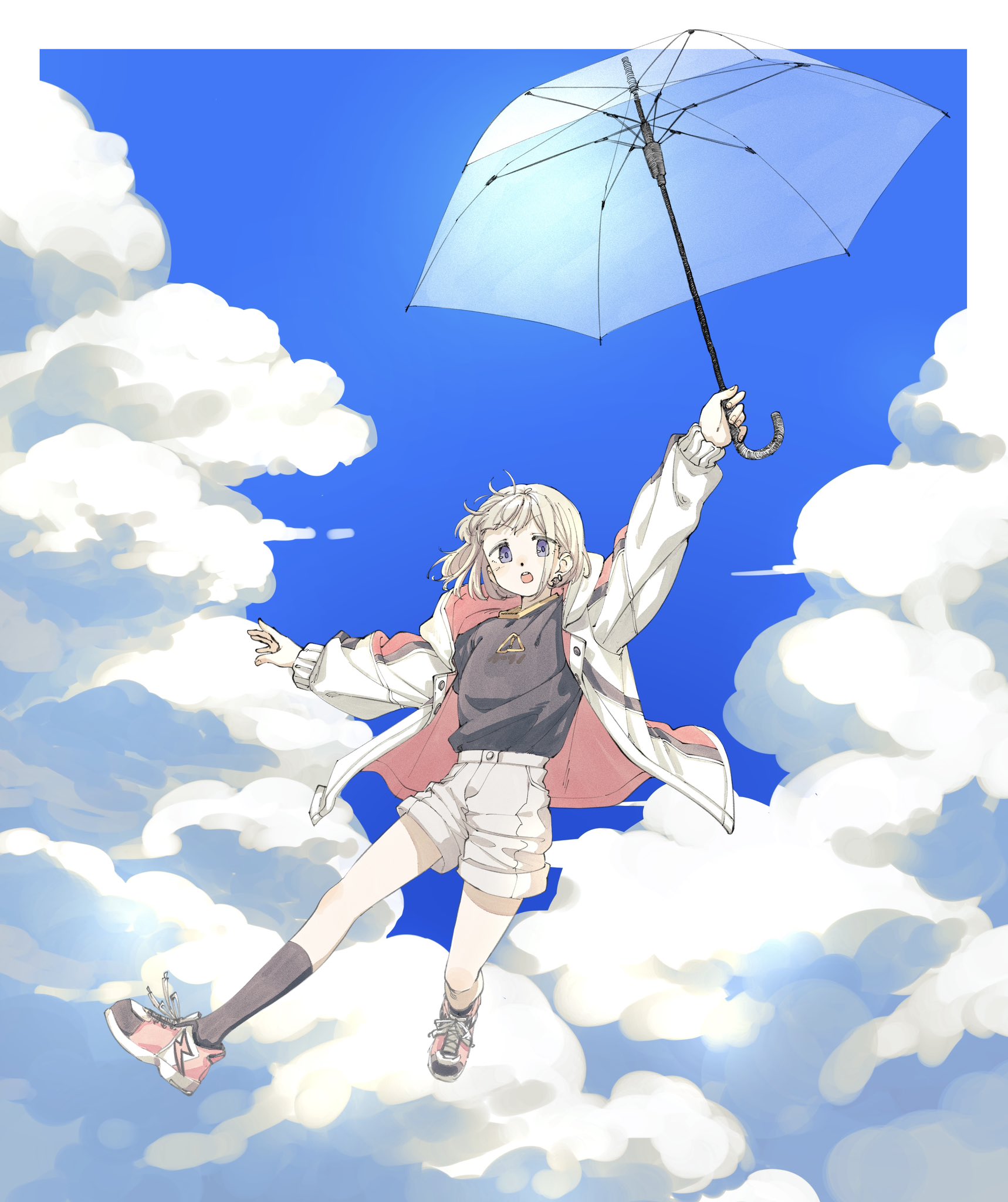 bikbuk14, serizawa asahi, idolmaster, idolmaster shiny colors, commentary, highres, 1girl, :o, arm up, black shirt, black socks, blue eyes, blue sky, border, cloud, day, dot nose, earrings, floating hair, grey hair, grey shorts, holding, holding umbrella, jacket, jewelry, light blush, long sleeves, midair, multicolored jacket, open clothes, open jacket, open mouth, outside border, outstretched arm, pink shoes, print shirt, red jacket, shirt, shirt tucked in, shoes, short hair, shorts, sky, sneakers, socks, solo, teeth, transparent, transparent umbrella, two-tone jacket, umbrella, upper teeth only, white border, white jacket, wide shot