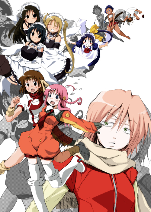 aki eda, andou mahoro, asahina arumi, haruhara haruko, kurauchi anna, nadia la arwall, nono (top wo nerae 2!), sawatari izumi, sawatari mitsuki, takaya noriko, abenobashi mahou shoutengai, flcl, fushigi no umi no nadia, gainax, kore ga watashi no goshujin-sama, mahoromatic, top wo nerae!, top wo nerae! (series), top wo nerae 2!, 00s, 1990s (style), 6+girls, ^ ^, apron, bare shoulders, blonde hair, boots, braid, brown hair, child, closed eyes, company connection, crossover, detached collar, dress, elbow gloves, garter straps, gloves, long hair, looking at viewer, maid, maid headdress, multiple crossover, multiple girls, nakabayashi yoshitaka's maid uniform, retro artstyle, romper, siblings, simple background, sisters, smile, sundress, tan, thigh boots, thighhighs, twin braids, waist apron, white background, white dress, white gloves, zettai ryouiki