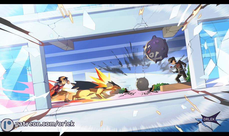 orlek, ethan (pokemon), koffing, team rocket grunt, typhlosion, nintendo, pokemon, pokemon gsc, commentary, 2boys, artist name, backwards hat, black hair, clenched hands, fire, from side, gen 1 pokemon, gen 2 pokemon, hat, jacket, letterboxed, long sleeves, male focus, multiple boys, patreon logo, pokemon (creature), red jacket, shoes, short hair, shorts, team rocket, team rocket uniform, watermark, web address, yellow shorts