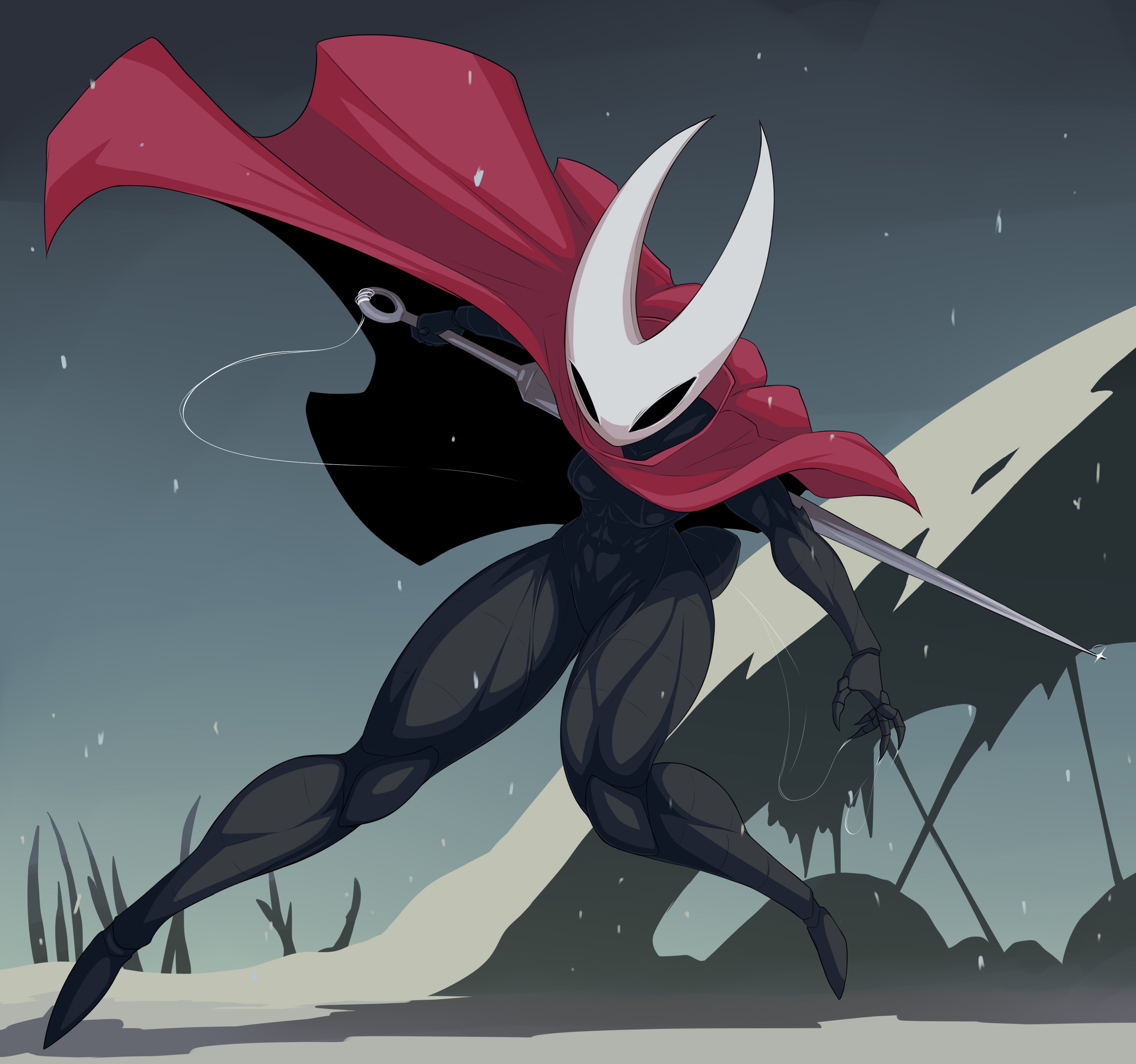 hornet (hollow knight), hollow knight, hollow knight: silksong, absurdres, highres, 1girl, abs, arthropod limbs, cloak, exoskeleton, holding, holding needle, mask, needle, needle (hollow knight), needle sword, silk, snow, snowing, solo, tacticoolmofo, tent, toned