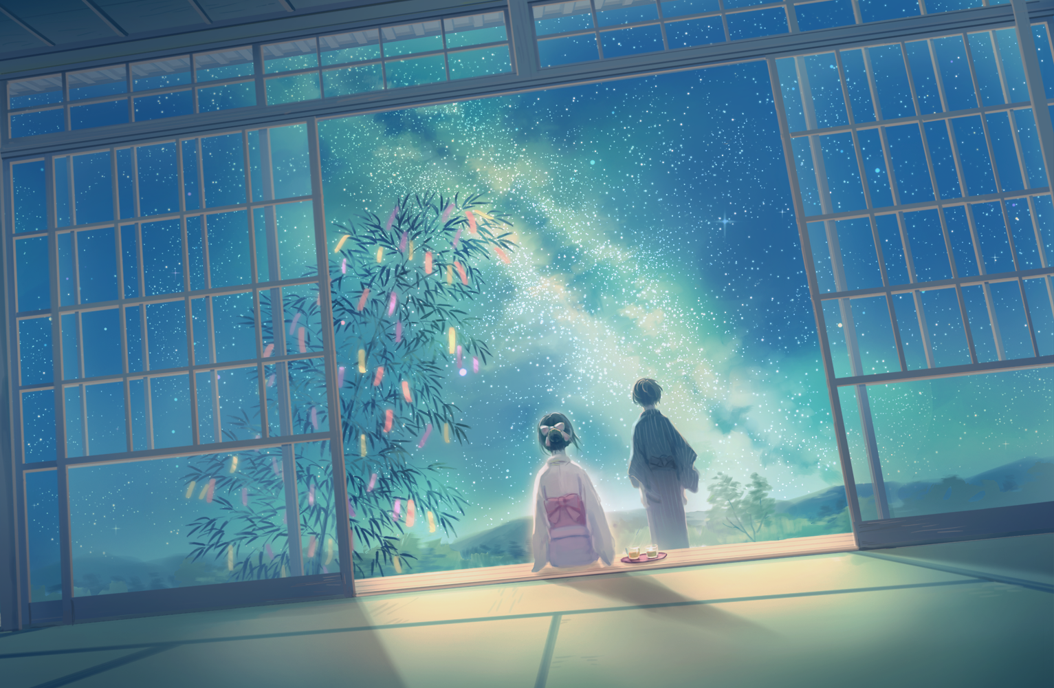 original, commentary, 1boy, 1girl, black hair, black kimono, bow, dutch angle, from behind, glass, hair bow, hair bun, japanese clothes, kimono, long sleeves, milky way, night, night sky, pink bow, pink kimono, short hair, shouji, single hair bun, sitting, sky, sliding doors, standing, star (sky), starry sky, striped clothes, striped kimono, tanabata, tatami, tray, tree, user fnsv4887, veranda, vertical-striped clothes, vertical-striped kimono, wide sleeves, window, yukata
