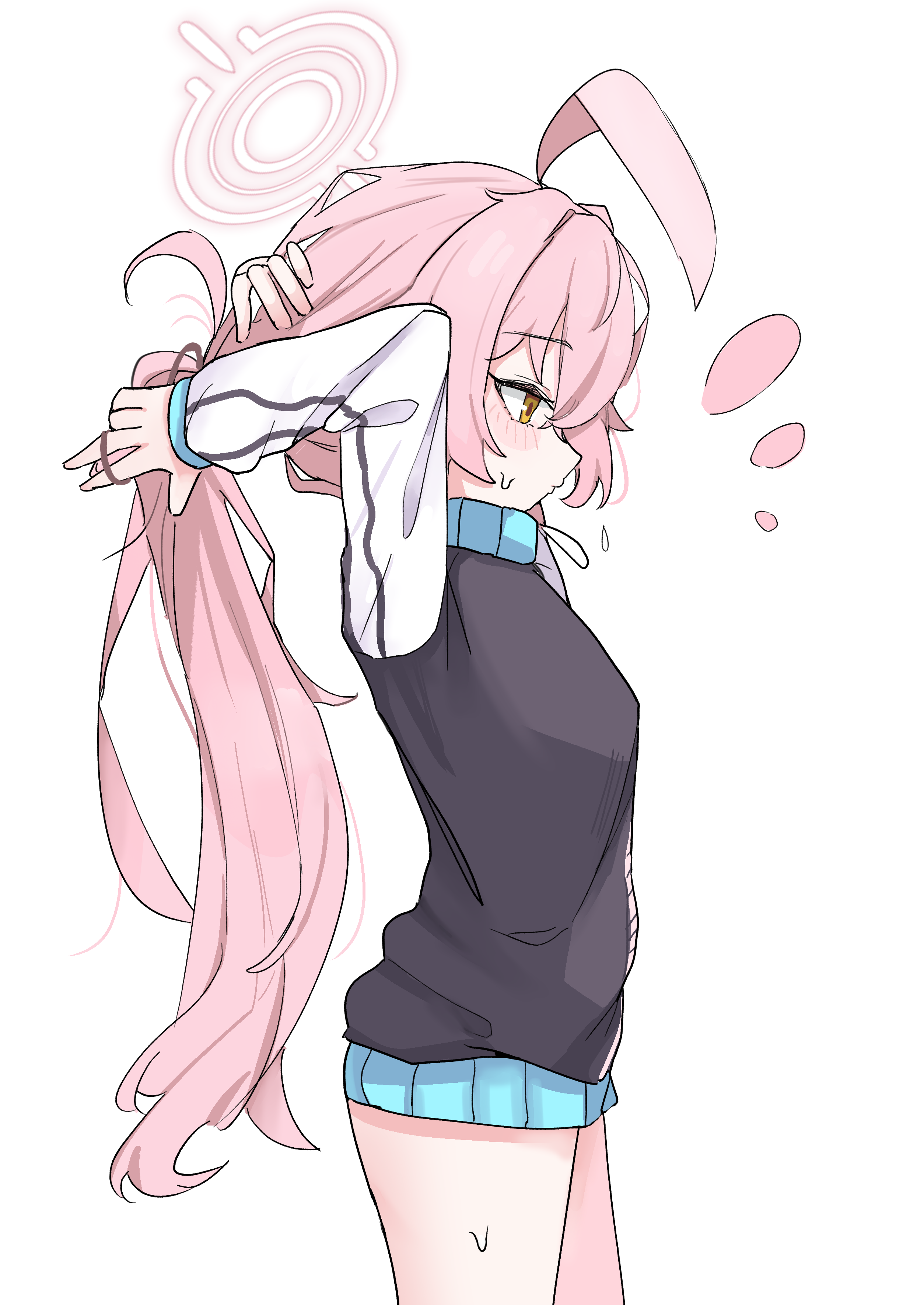 high (hgih), hoshino (blue archive), blue archive, absurdres, commentary, highres, 1girl, adjusting hair, ahoge, arms behind head, arms up, from side, halo, jacket, long hair, long sleeves, pink hair, pink halo, profile, simple background, solo, track jacket, tying hair, very long hair, white background, yellow eyes