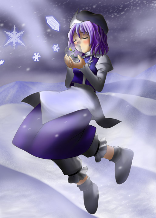 letty whiterock, touhou, 1girl, blush, closed eyes, female focus, flower, hat, purple hair, short hair, snow, snowflakes, snowing, solo