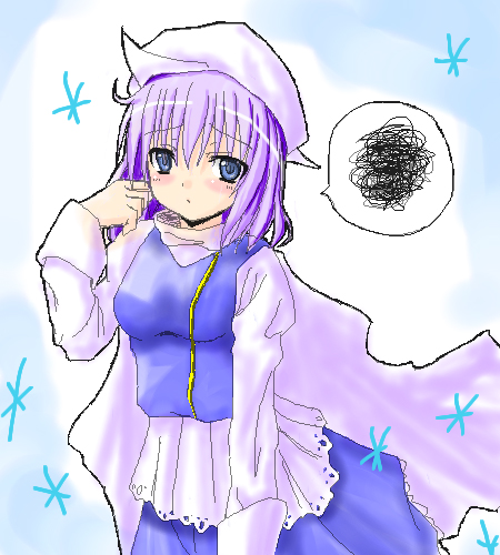 letty whiterock, touhou, eyebrows, lowres, 1girl, blue eyes, blush, female focus, hat, long sleeves, looking at viewer, purple hair, scarf, short hair, simple background, solo, spoken squiggle, squiggle