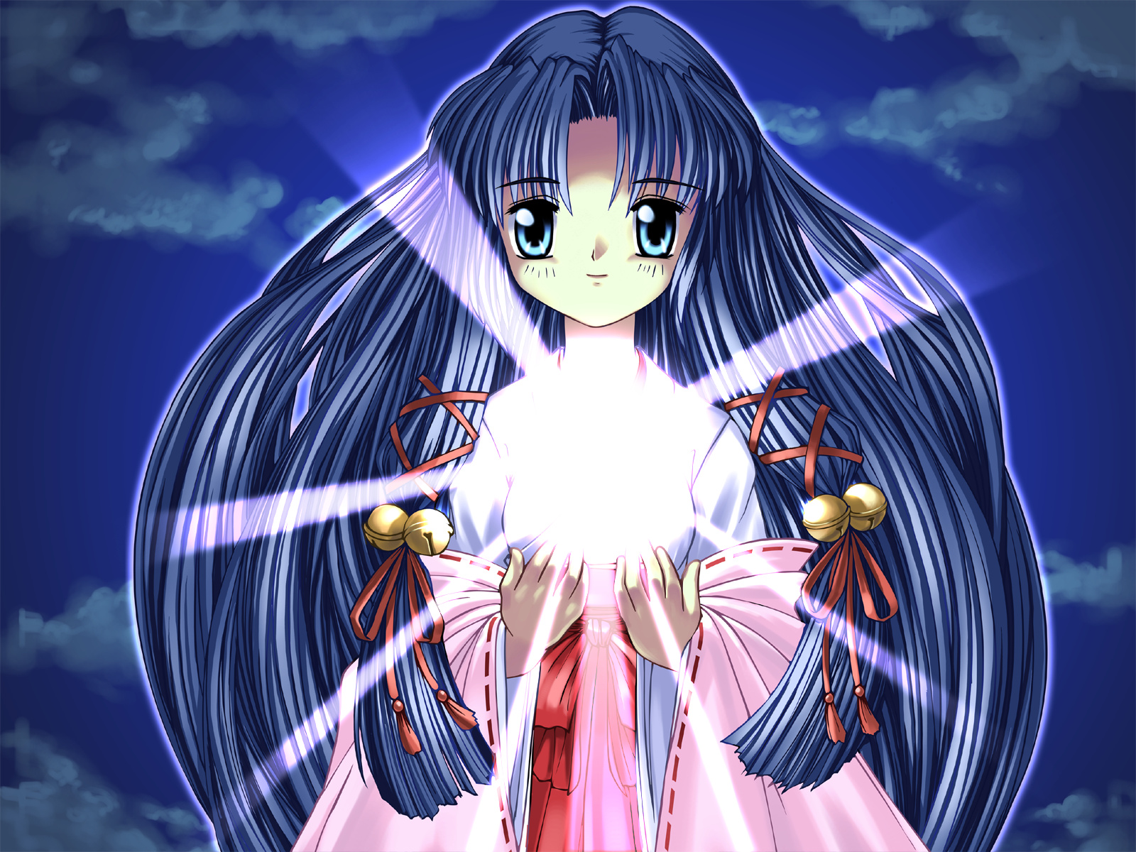 bosshi, kannabi no mikoto, air (visual novel), highres, 00s, bell, blue eyes, blue hair, hair bell, hair ornament, japanese clothes, long hair, miko, solo, very long hair
