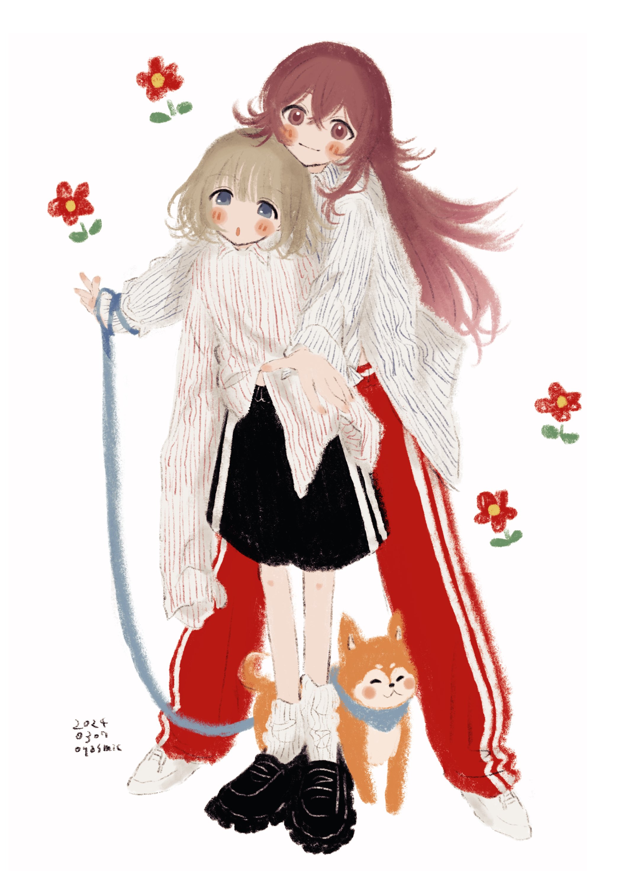 oyasmic, komiya kaho, mamemaru (shiny colors), serizawa asahi, idolmaster, idolmaster shiny colors, absurdres, commentary, highres, symbol-only commentary, 2girls, :o, artist name, black shoes, black shorts, blue eyes, blush, crossed bangs, dated, dog, flipped hair, flower, grey hair, gym shorts, holding, holding leash, leash, legs apart, light smile, long hair, long sleeves, looking at viewer, loose socks, medium hair, multiple girls, pants, pinstripe pattern, pinstripe shirt, red eyes, red flower, red hair, red pants, shiba inu, shirt, shoes, shorts, simple background, sleeves past wrists, socks, standing, track pants, white background, white shirt, white shoes, white socks
