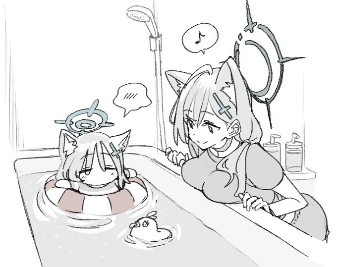 momomatang, peroro (blue archive), shiroko (blue archive), shiroko terror (blue archive), blue archive, ahoge, animal ear fluff, animal ears, bath, bathing, bathtub, black halo, blue eyes, breasts, broken halo, chibi, closed eyes, cross, cross hair ornament, dark halo, extra ears, grey hair, hair ornament, halo, inverted cross, large breasts, lifebuoy, long hair, musical note, spoken blush, spoken musical note, swim ring, wolf ears, wolf girl
