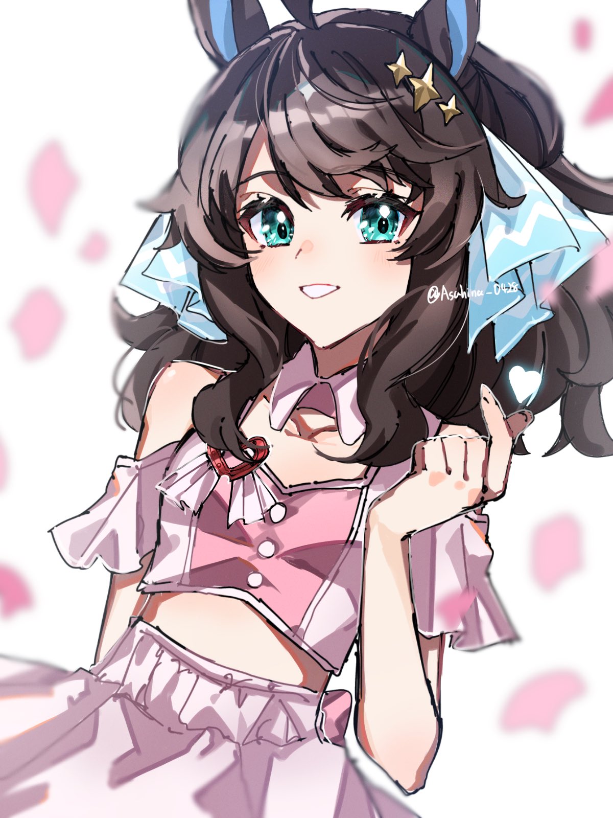 asahina (asahina 0428), daring tact (umamusume), umamusume, highres, 1girl, ahoge, alternate costume, animal ears, black hair, blue eyes, blush, breasts, collarbone, hair between eyes, hair ornament, horse ears, horse girl, looking at viewer, meni shuki rush-sshu!, petals, solo, star (symbol), star hair ornament, twitter username, white background