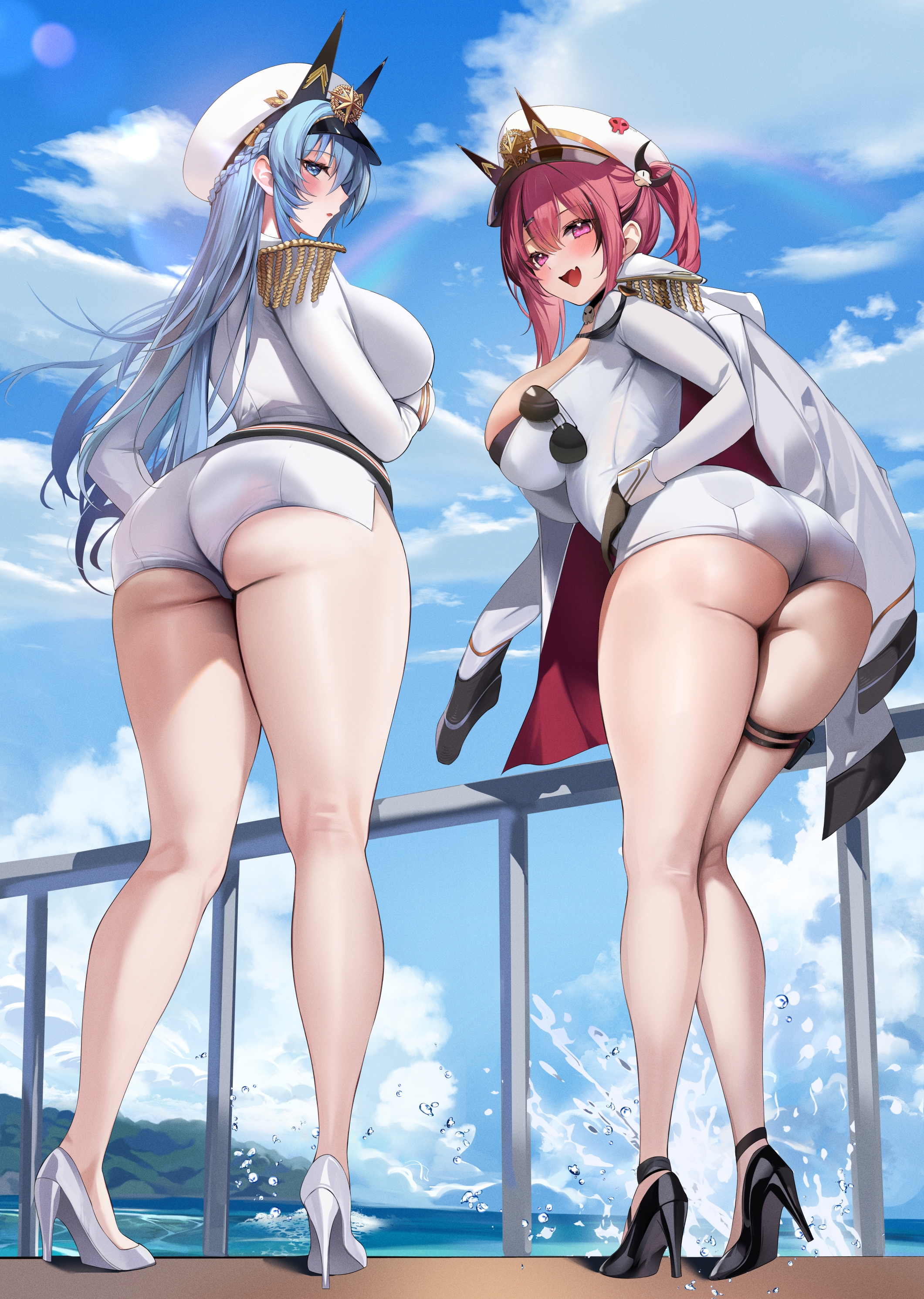 hido (cherryhido), helm (nikke), mast (nikke), goddess of victory: nikke, absurdres, highres, 2girls, :d, ass, black shoes, blue eyes, blush, braid, breasts, day, from behind, full body, hat, high heels, large breasts, long hair, long sleeves, looking at viewer, looking back, multiple girls, open mouth, outdoors, parted lips, purple eyes, shoes, smile, standing, sunglasses, thigh strap, thighs, unworn eyewear, white hat, white shoes
