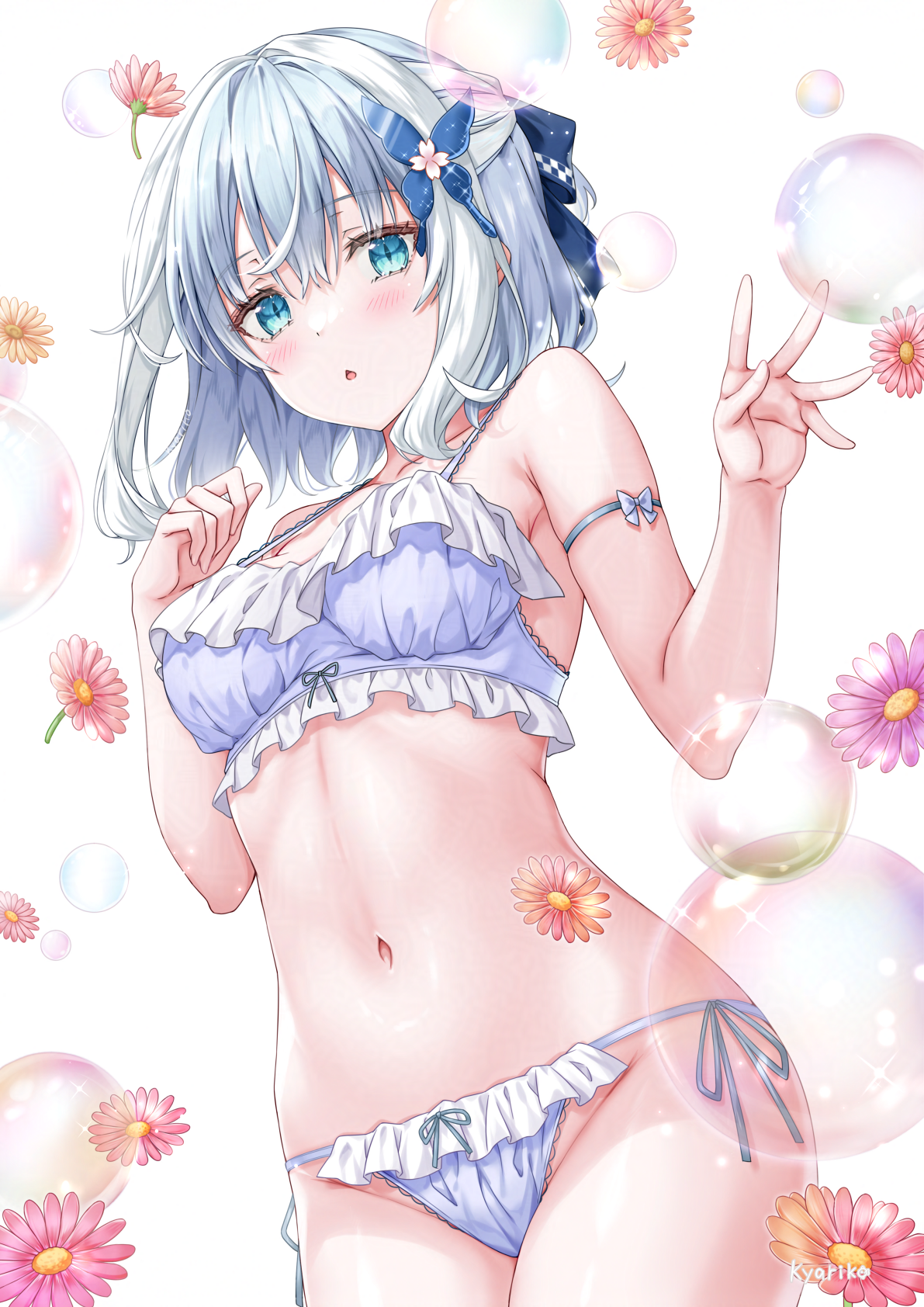 kyariko, original, highres, 1girl, blue bra, blue eyes, blue hair, blue panties, bra, breasts, bubble, butterfly hair ornament, hair between eyes, hair ornament, half updo, looking at viewer, medium breasts, medium hair, navel, panties, parted lips, side-tie panties, slit pupils, solo, underwear, underwear only