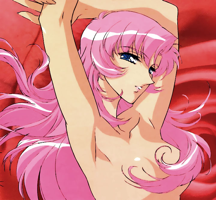 tenjou utena, shoujo kakumei utena, official art, 1990s (style), 1girl, armpits, arms up, blue eyes, breasts, censored, convenient censoring, eyes visible through hair, female focus, floral background, half-closed eyes, long hair, nude, pink hair, red background, retro artstyle, rose background, small breasts, solo