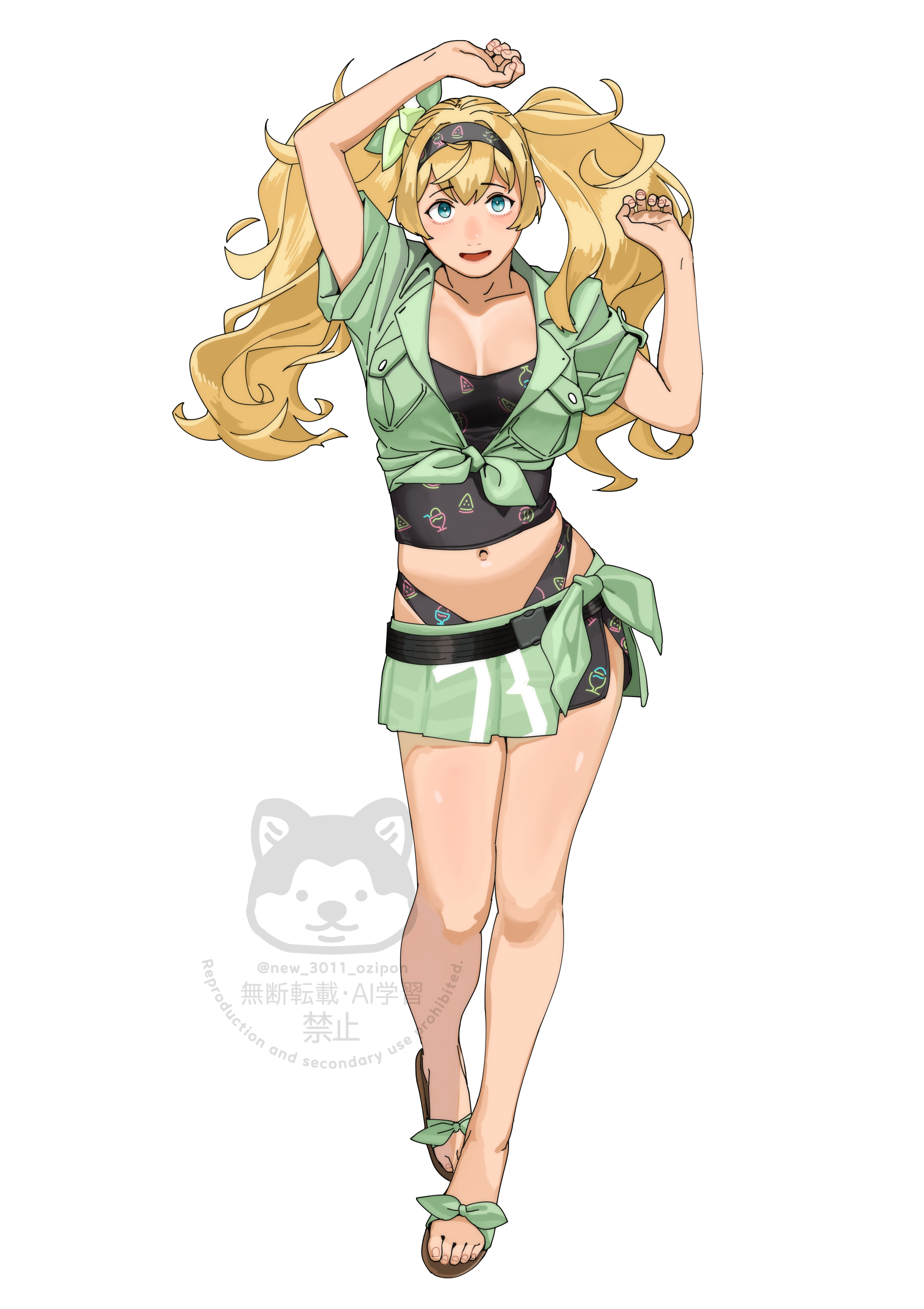 ojipon, gambier bay (kancolle), gambier bay (summer) (kancolle), gambier bay mk ii (kancolle), kantai collection, absurdres, highres, 1girl, arm up, black hairband, blonde hair, blue eyes, breasts, front-tie top, full body, green shirt, green skirt, hairband, long hair, looking at viewer, medium breasts, midriff, official alternate costume, open mouth, sandals, shirt, simple background, skirt, solo, standing, twintails, white background