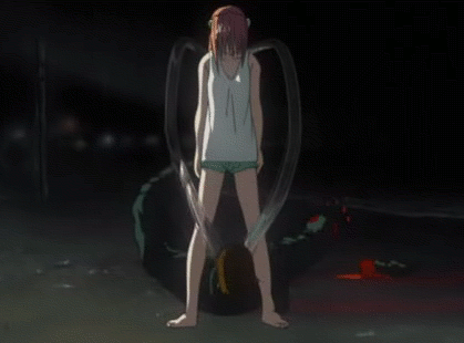 bando, kaede (character), lucy (elfen lied), elfen lied, screencap, animated, animated gif, lowres, 00s, 1boy, 1girl, asphyxiation, barefoot, beach, blood, horns, long legs, night, pink hair, short shorts, shorts, sleeveless, standing, strangling, vectors