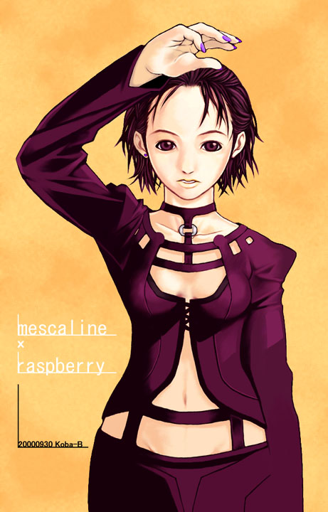 koba-b, 1girl, arm up, brown eyes, brown hair, dated, female focus, looking at viewer, nail polish, purple nails, short hair, solo