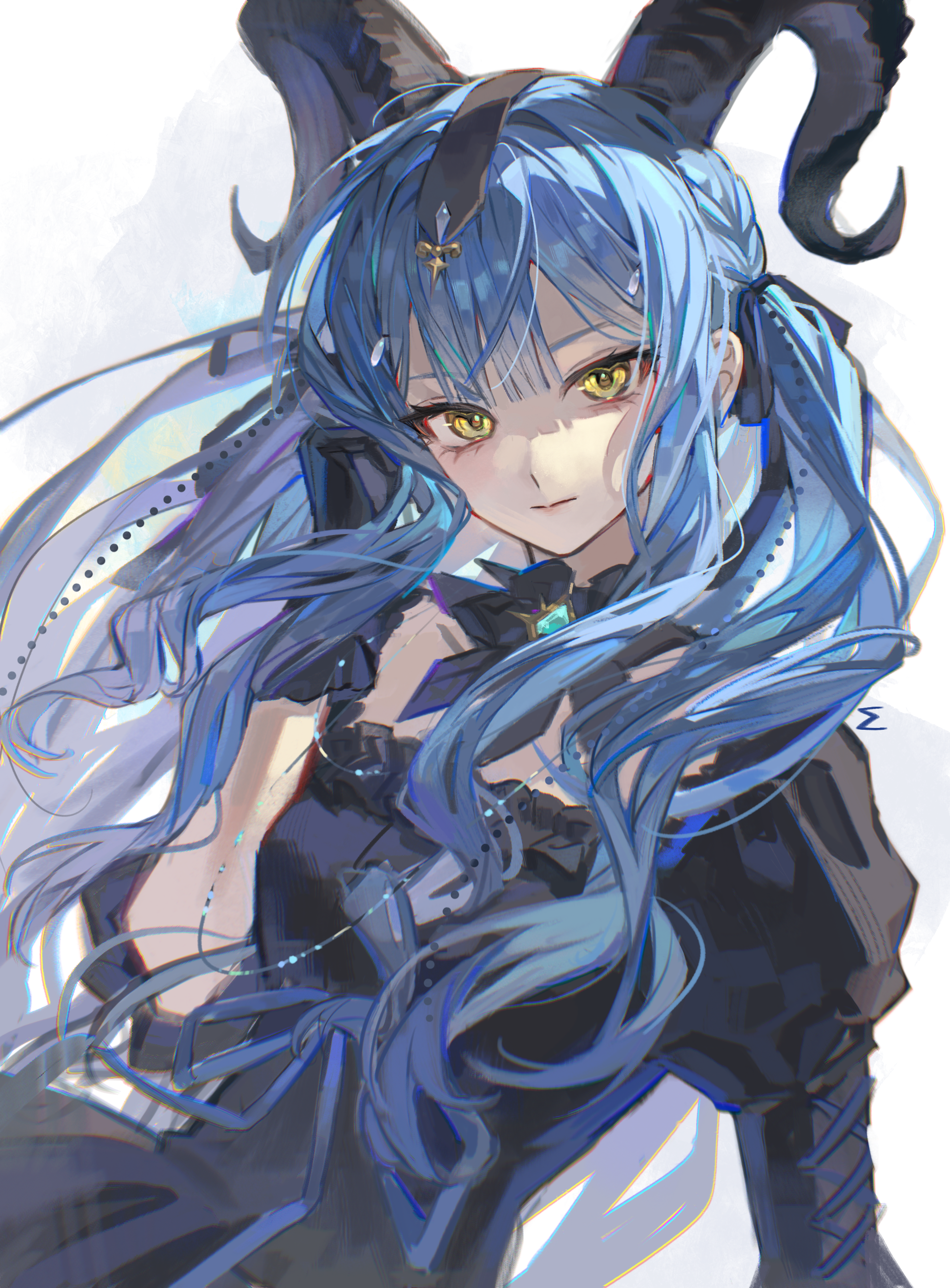 cigma, togawa sakiko, arknights, bang dream!, bang dream! it's mygo!!!!!, absurdres, highres, 1girl, black dress, black gloves, black horns, black ribbon, blue hair, closed mouth, curled horns, dress, gloves, hair ribbon, horns, long hair, looking at viewer, puffy sleeves, ribbon, simple background, solo, togawa sakiko (master of melodia), upper body, white background, yellow eyes