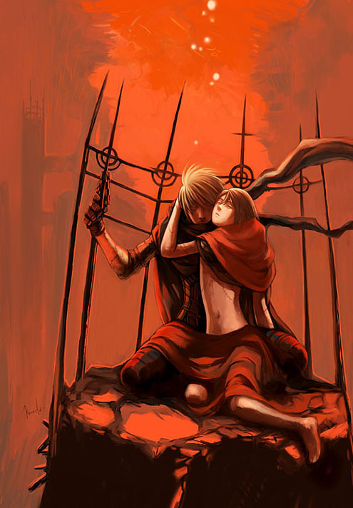kaneda eiji, 1boy, 1girl, armor, blonde hair, brown hair, building, cape, chain, closed eyes, closed mouth, frown, gloves, hair between eyes, hetero, hug, midriff, navel, railing, red theme, scarf, short hair, signature, sitting, stitches, stomach