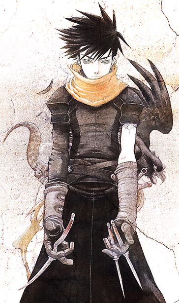 kaneda eiji, 1boy, between fingers, black hair, cowboy shot, dagger, expressionless, grey eyes, holding, holding weapon, knife, looking at viewer, male focus, scarf, simple background, solo, spiked hair, weapon, white background, yellow scarf