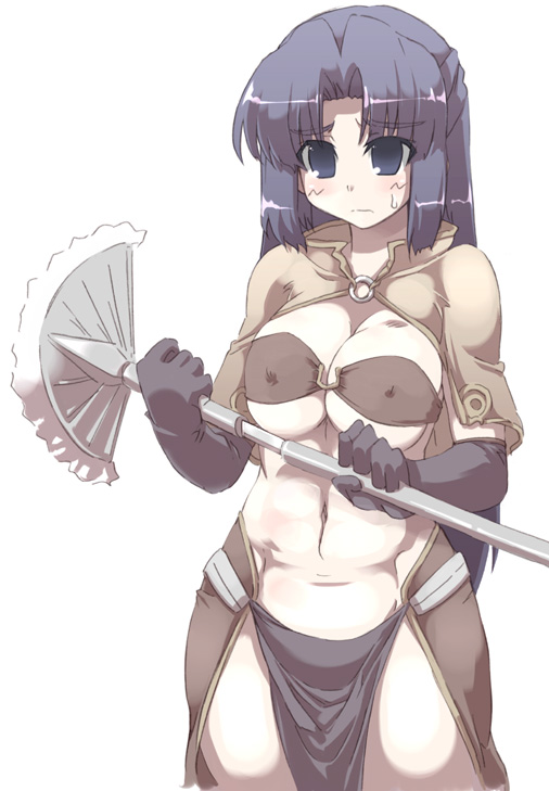 tokyo (great akuta), asakura ryoko, mage (ragnarok online), ragnarok online, suzumiya haruhi no yuuutsu, 00s, 1girl, breast press, breasts, elbow gloves, female focus, gloves, half updo, hand fan, pelvic curtain, solo