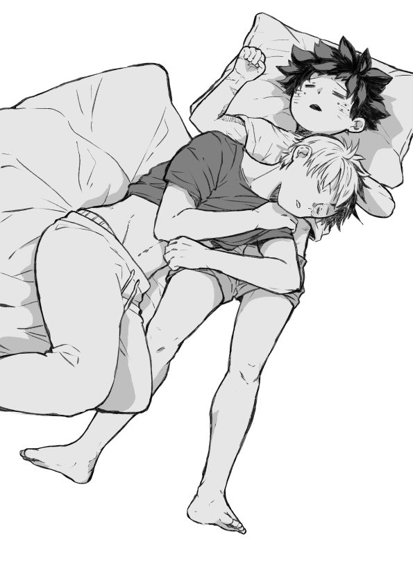 midoriya izuku, todoroki shoto, boku no hero academia, 2boys, barefoot, freckles, kurino mha, legs, lying, lying on person, multiple boys, pajamas, pants, pillow, scar, shirt, sleepijg, tododeku, yaoi
