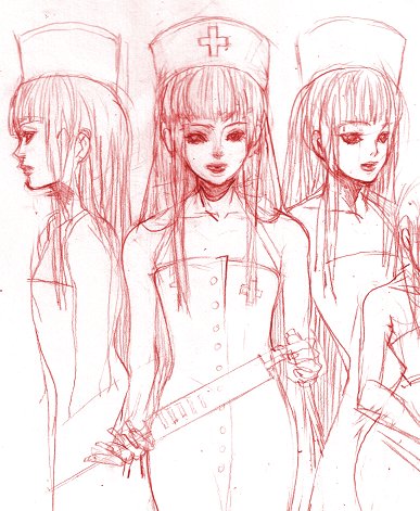 lowres, 1girl, long hair, monochrome, nurse, nurses, red theme, sketch, syringe