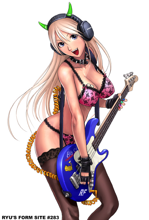 ryu (ryu's form site), pikachu, nintendo, original, pokemon, lace-trimmed legwear, 1girl, :d, bass guitar, bikini, blonde hair, bra, breasts, cable, cleavage, collar, fang, female focus, fingerless gloves, frills, gen 1 pokemon, gloves, guitar, headphones, horns, instrument, lace, lace bra, lace panties, lace trim, large breasts, lingerie, long hair, looking at viewer, multicolored nails, nail polish, open mouth, panties, pink bra, pink panties, pokemon (creature), simple background, smile, solo, spiked collar, spikes, standing, swimsuit, thighhighs, underwear, underwear only, white hair