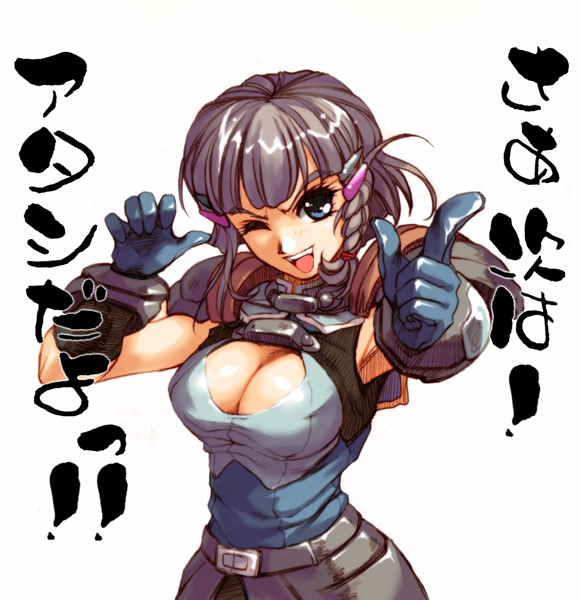 hisahiko, seolla schweizer, banpresto, super robot wars, 1girl, blue eyes, braid, breasts, cleavage, cleavage cutout, clothing cutout, female focus, gloves, grey hair, one eye closed, pointing, short hair, smile, solo, wink