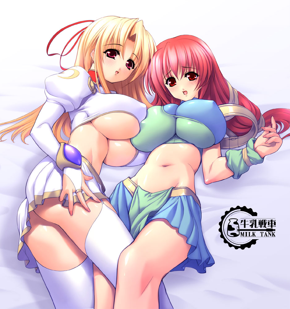 gunner-l, cecil (lunar wing), shirufana, lunar wing, 2girls, :d, :o, ass, asymmetrical docking, bed, between thighs, blonde hair, blush, breast press, breasts, bridal gauntlets, brooch, choker, covered erect nipples, crop top, detached sleeves, embarrassed, from above, garter straps, hair ribbon, huge breasts, impossible clothes, impossible shirt, jewelry, loincloth, long hair, looking back, lying, midriff, multiple girls, navel, no panties, on back, on side, open mouth, pleated skirt, red eyes, red hair, ribbon, shiny clothes, shirt, skirt, smile, thighhighs, turtleneck, twintails, underboob, white thighhighs, yuri