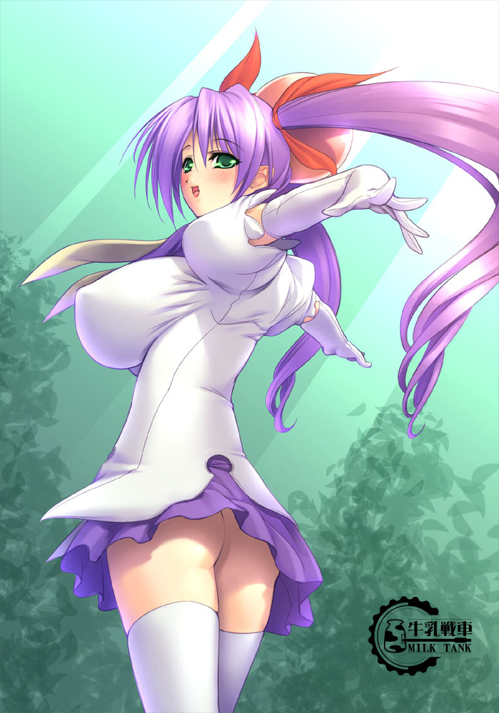 gunner-l, reco, cave (developer), mushihime-sama, white legwear, ass, breasts, cave, covered erect nipples, elbow gloves, gloves, green eyes, hair ribbon, huge breasts, impossible clothes, impossible shirt, long hair, looking back, no panties, purple hair, ribbon, shirt, sideboob, skirt, thighhighs, twintails, upskirt