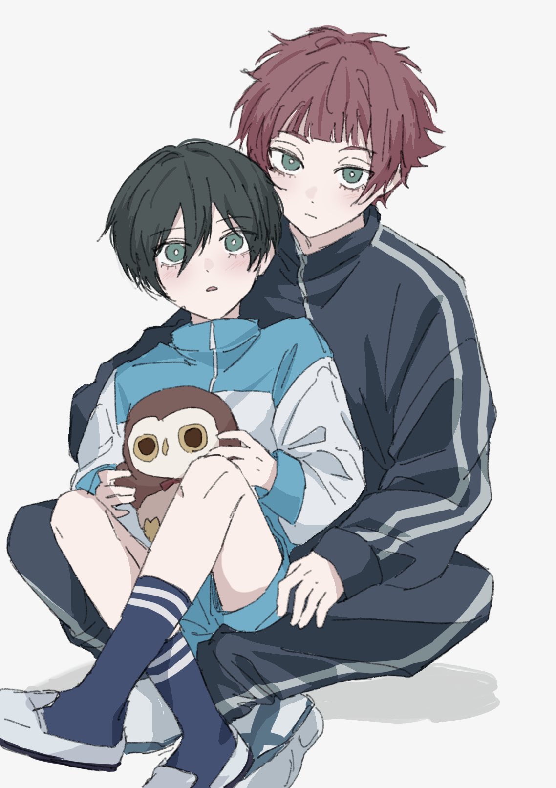 mmuurrii1010, itoshi rin, itoshi sae, blue lock, commentary request, highres, korean commentary, 2boys, aged down, aqua eyes, black jacket, blue eyes, blue shorts, blunt bangs, brothers, double-parted bangs, eyelashes, indian style, jacket, male focus, multicolored jacket, multiple boys, pants, red hair, sanpaku, shoes, shorts, siblings, simple background, sitting, sitting on lap, sitting on person, sneakers, socks, striped clothes, striped jacket, striped pants, stuffed animal, stuffed owl, stuffed toy, track jacket, two-tone jacket, vertical-striped clothes, vertical-striped jacket, vertical-striped pants, white background, white shoes, zipper