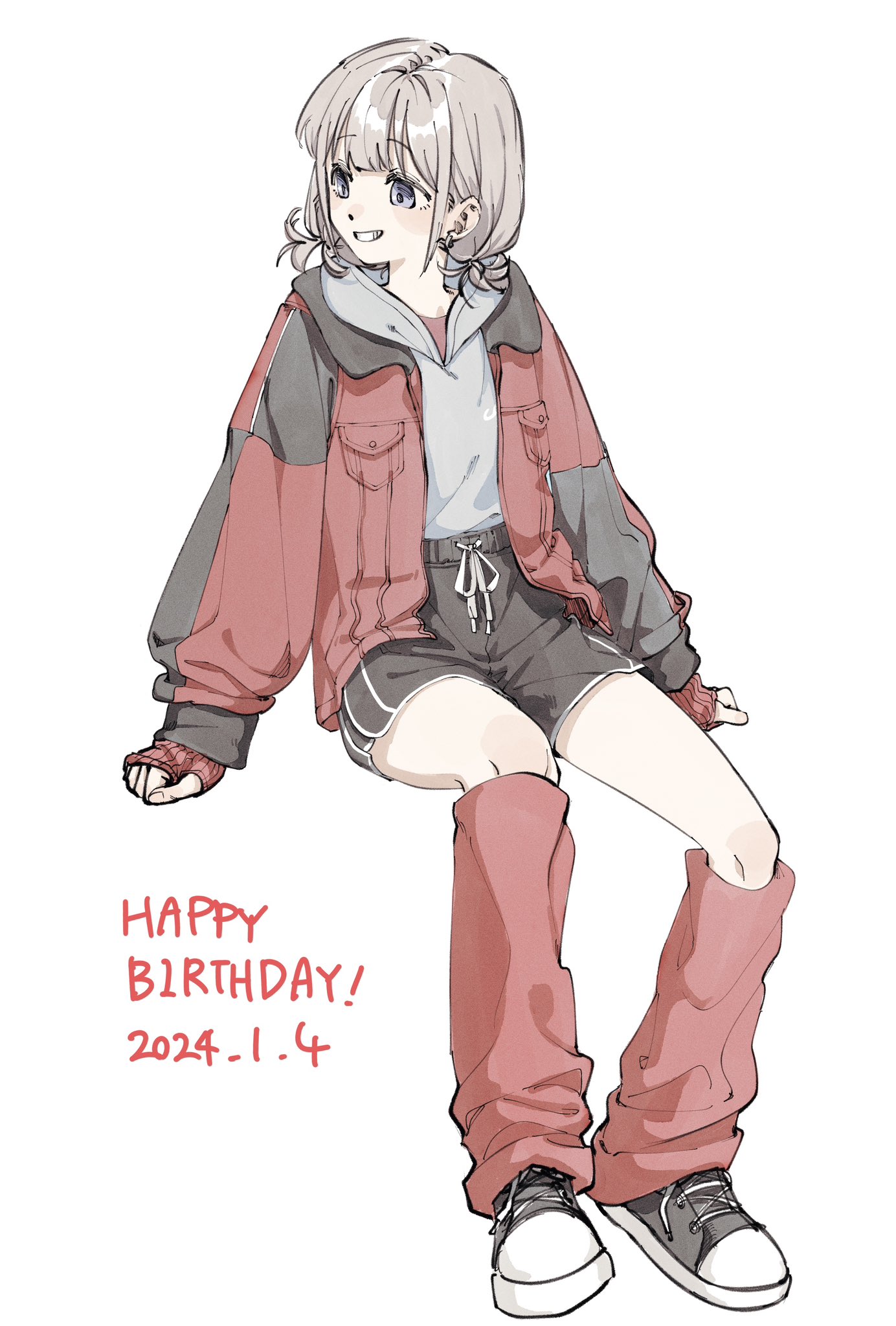 bikbuk14, serizawa asahi, idolmaster, idolmaster shiny colors, commentary, highres, 1girl, 2024, arm support, black jacket, black shoes, black shorts, blue eyes, breast pocket, dated, dolphin shorts, dot nose, drawstring, earrings, fingerless gloves, full body, gloves, grey hair, grey hoodie, grin, happy birthday, hood, hood down, hoodie, hoodie tucked in, invisible chair, jacket, jewelry, leg warmers, long sleeves, looking to the side, low twintails, multicolored jacket, open clothes, open jacket, pocket, red gloves, red jacket, red leg warmers, shoes, short hair, short twintails, shorts, sidelocks, simple background, sitting, smile, sneakers, solo, tied drawstring, twintails, two-tone jacket, white background