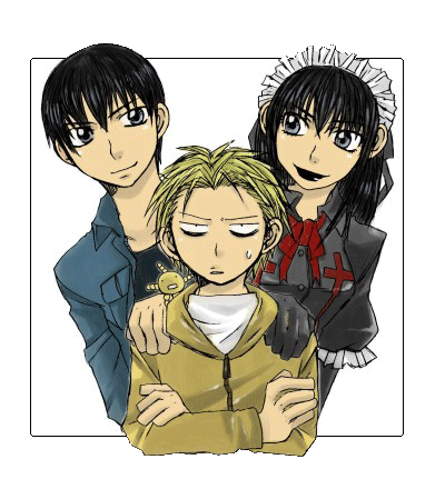 sawaki souemon tadayasu, yuuki kei, moyashimon, lowres, 3boys, dual persona, male focus, multiple boys, simple background, trap, white background